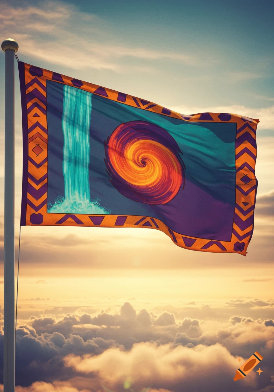 A vibrant flag with a turquoise waterfall and an orange and purple swirl flies against a cloudy sky with a golden sunset glow.