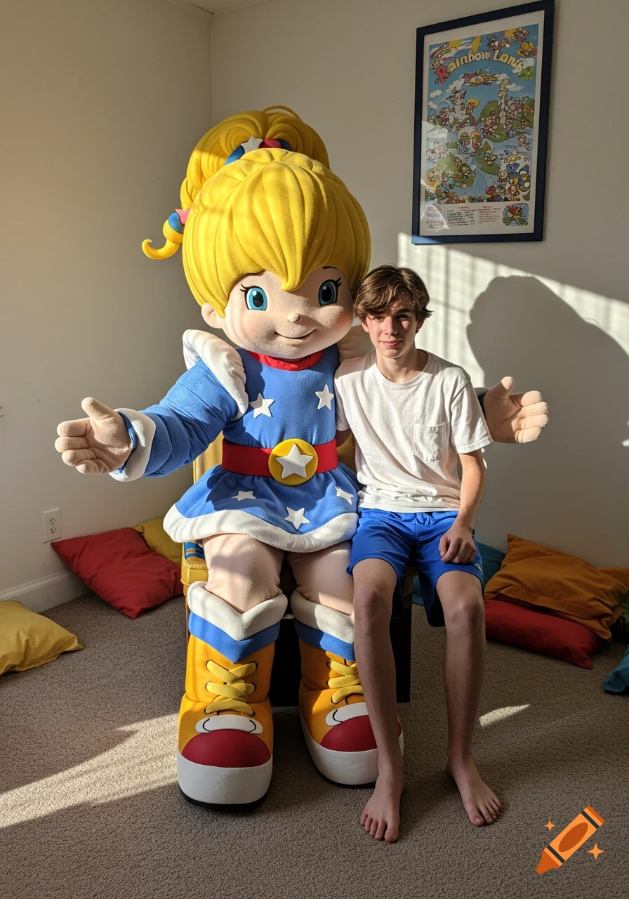 A teenage boy sits on the lap of a large Rainbow Brite mascot in a brightly lit room.