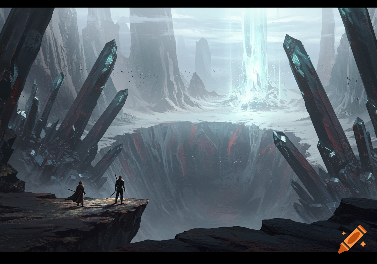 Two figures overlook a vast, misty fantasy landscape with a massive crater and towering, sharp crystals.