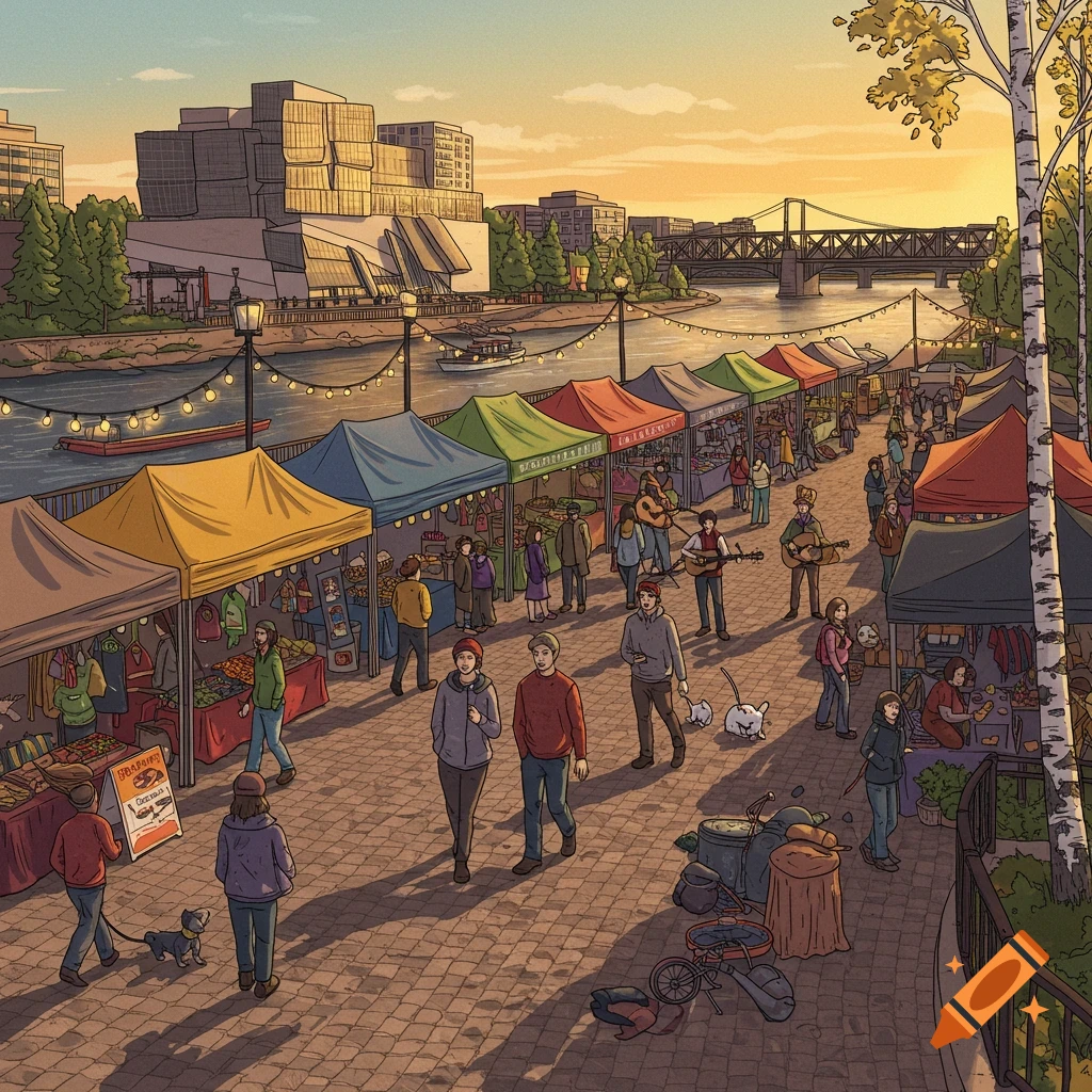 An illustrative scene of a bustling outdoor market alongside a river at sunset, with people browsing stalls and buildings in the background.