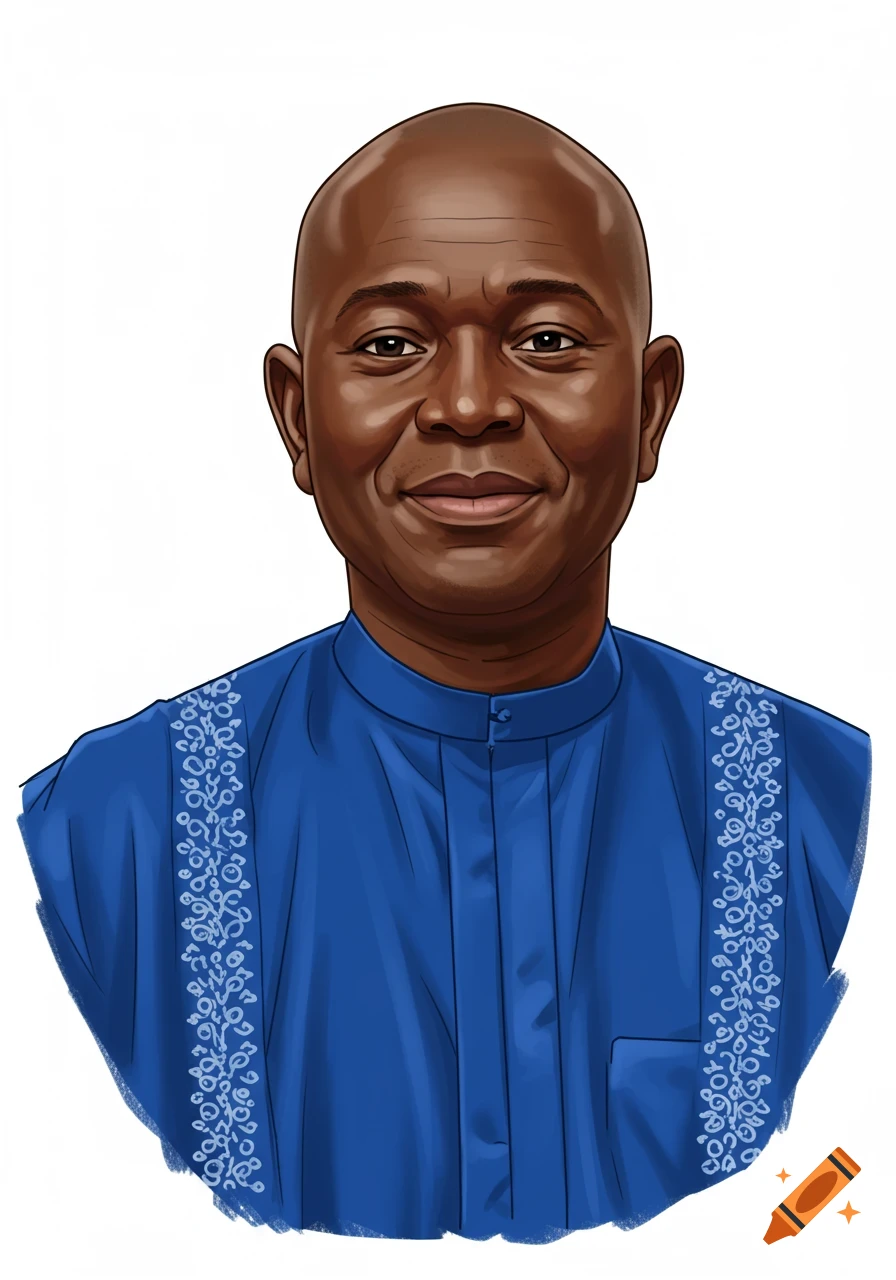 A cartoon portrait of a smiling bald man with deep brown skin in a royal blue traditional garment with white embroidery.