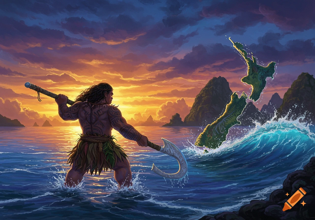 A muscular man with long hair and tattoos, wearing a leafy skirt, stands in the ocean at sunset, pulling an island shaped like New Zealand from the water with a large fishhook. The sky is vibrant orange and purple.