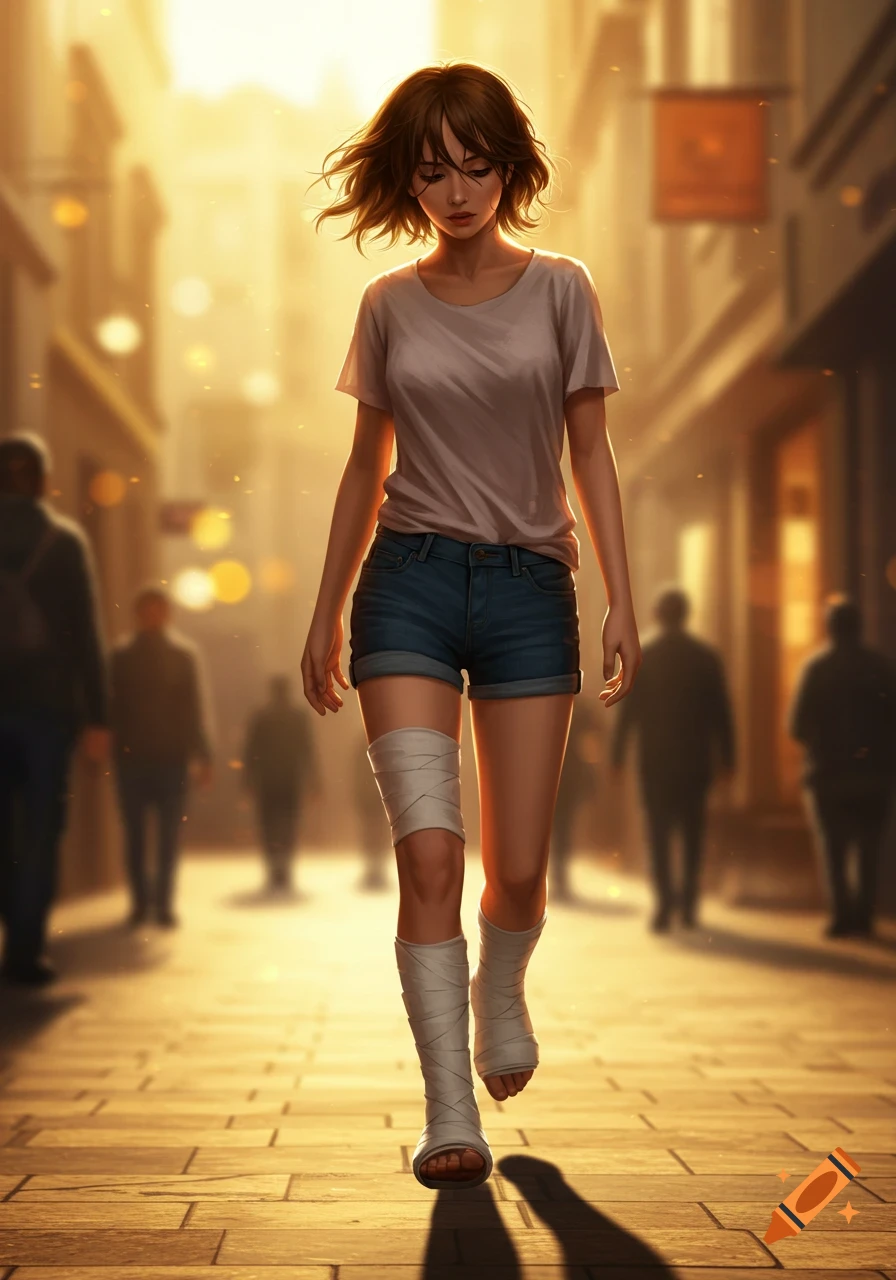 A young woman with short brown hair, wearing a t-shirt and shorts, walks down a sunlit city street with bandaged legs. Digital art style.