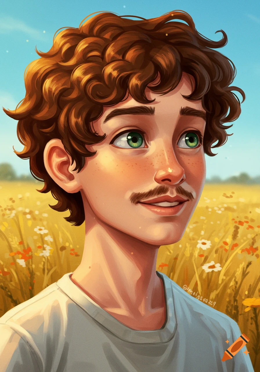 Stylized portrait of a young person with curly brown hair, green eyes, and a mustache, standing in a sunny field of wildflowers.