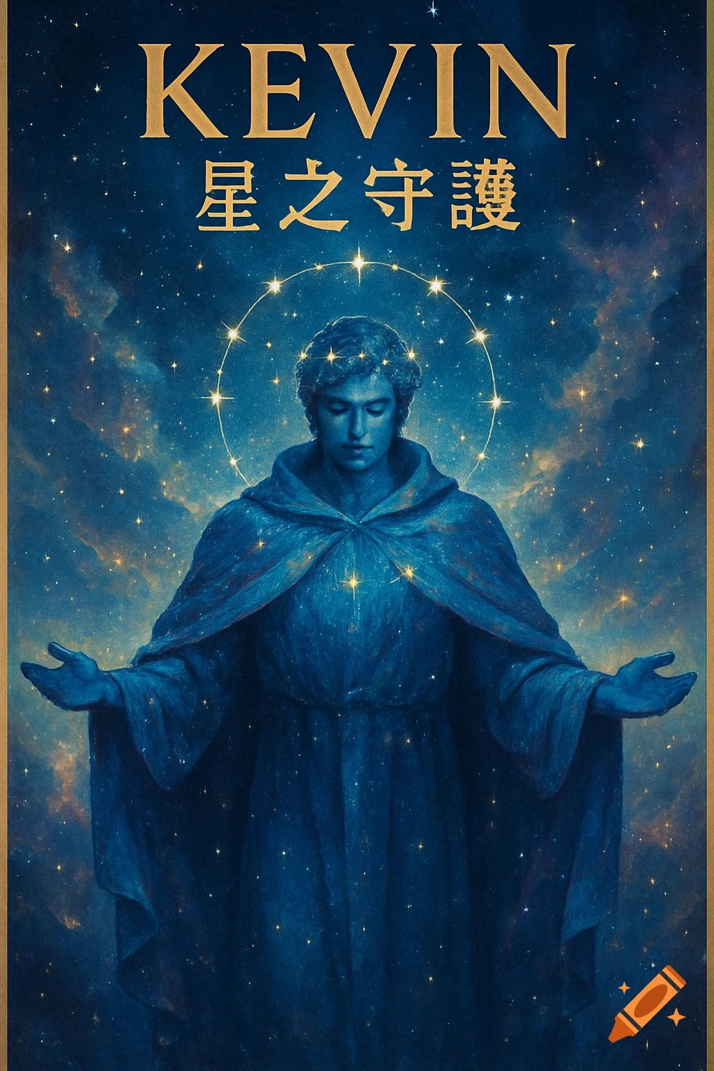 A blue-toned figure in a robe against a starry blue sky, with golden text 'KEVIN' and Chinese characters above. A halo of stars surrounds the figure's head.