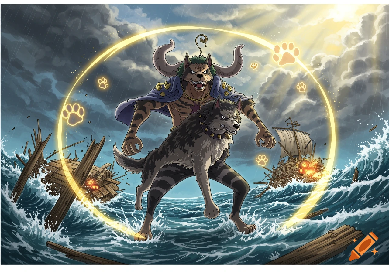 An anthropomorphic dog-man on a wolf in a stormy sea with glowing paw prints and ship wreckage, anime style.