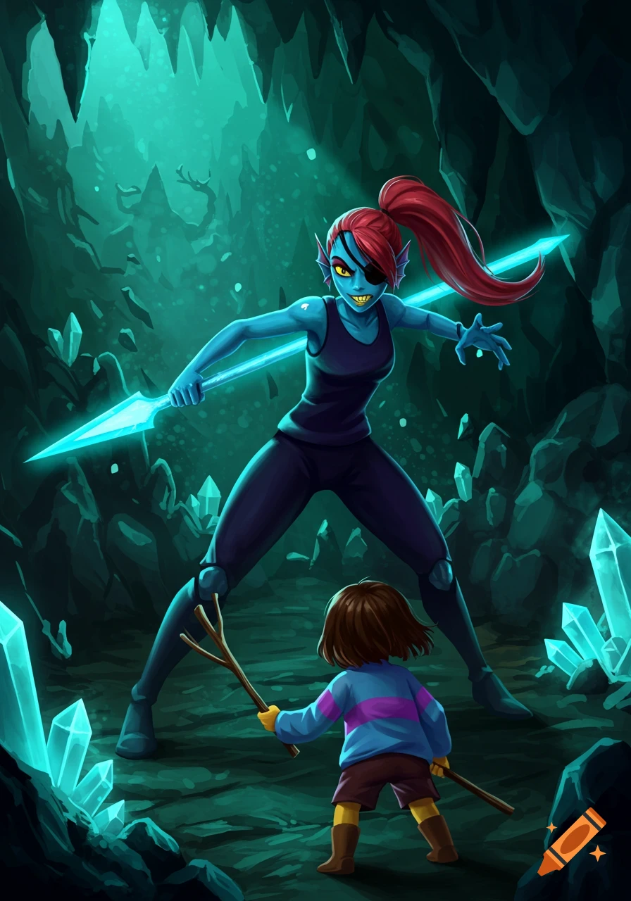 Illustration of Undyne with a glowing spear fighting Frisk with a stick in a dark, crystal-filled cave.