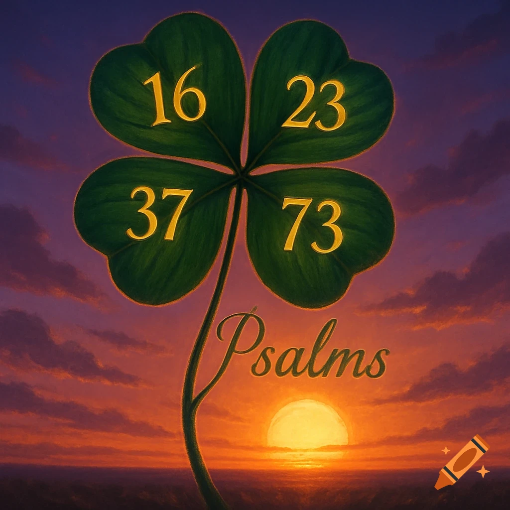 A four-leaf clover with numbers 16, 23, 37, 73 on its leaves and the word 'Psalms' on the stem, set against a vibrant sunset.