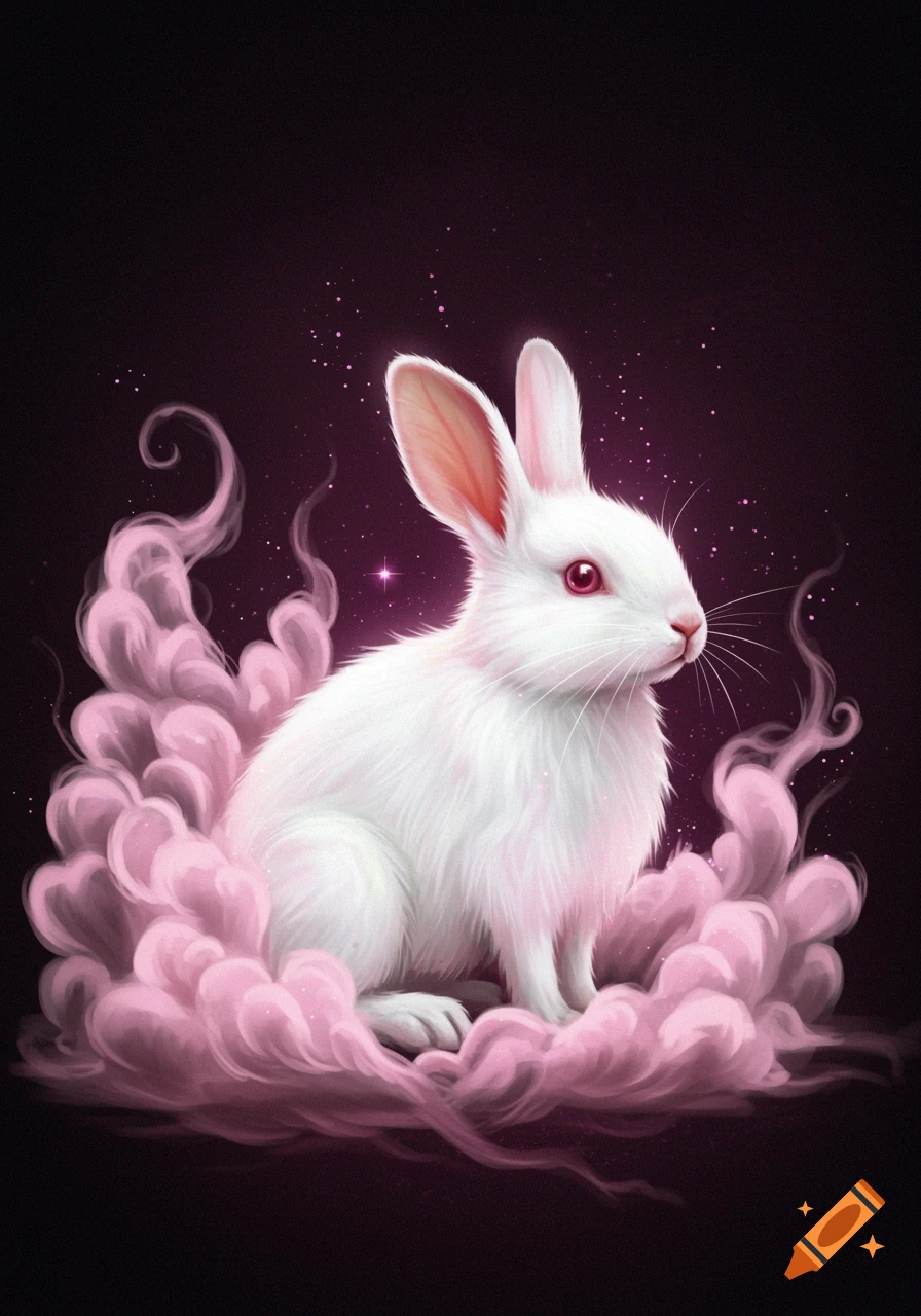 A white rabbit with pink eyes sits in swirling pink smoke on a dark background with sparkling lights.
