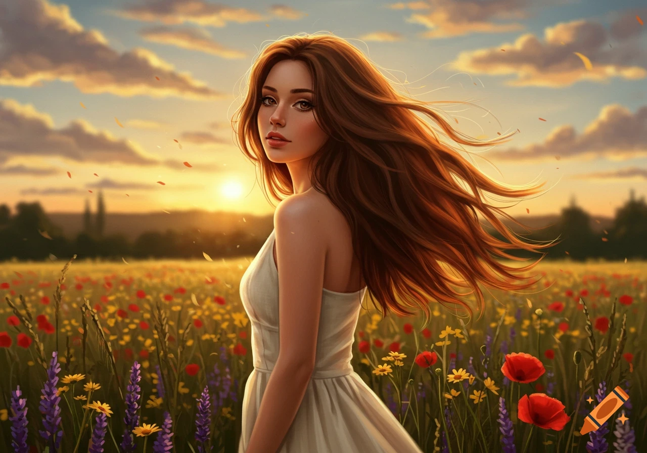 A young woman with long brown hair in a white dress stands in a vibrant field of flowers at sunset, looking over her shoulder.