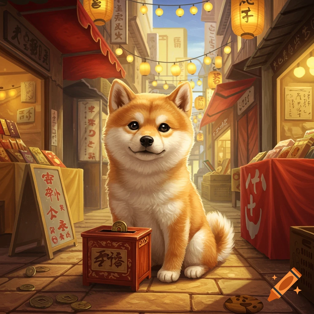 A fluffy Shiba Inu sits in a bustling Asian market street next to a wooden donation box, in an illustrative style.