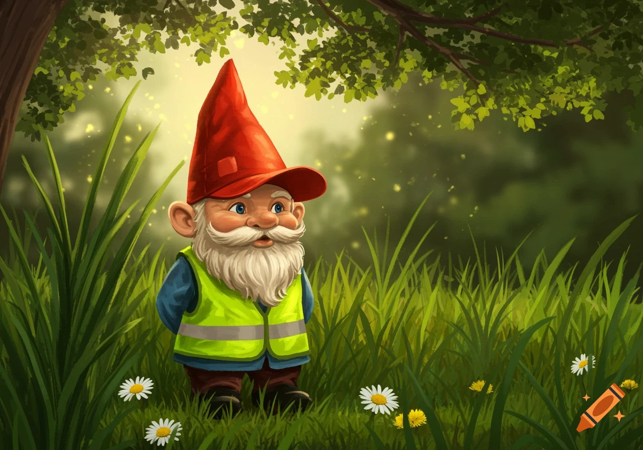 A cartoon gnome with a white beard, red pointed hat, and a yellow high-visibility vest stands in tall green grass with daisies under a tree.