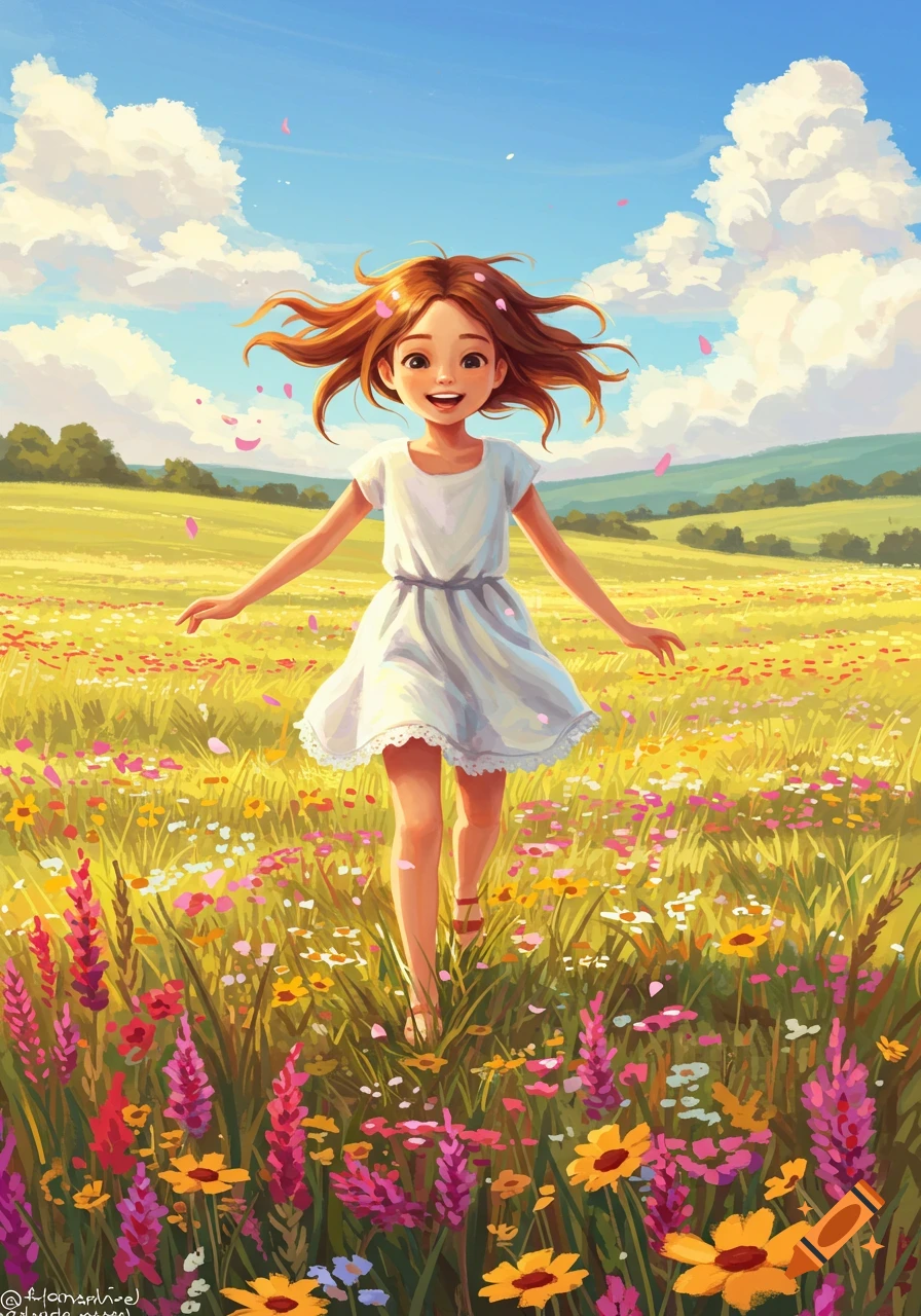 A happy animated girl with flowing brown hair runs through a vibrant field of colorful wildflowers under a bright blue sky with fluffy clouds.
