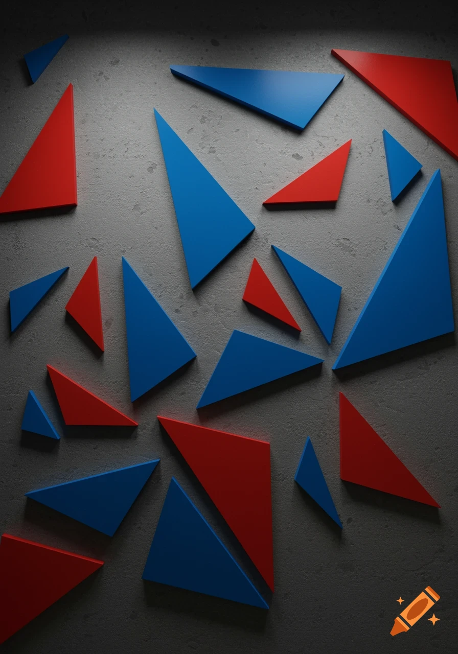 Red and blue triangular shapes scattered on a textured grey wall.