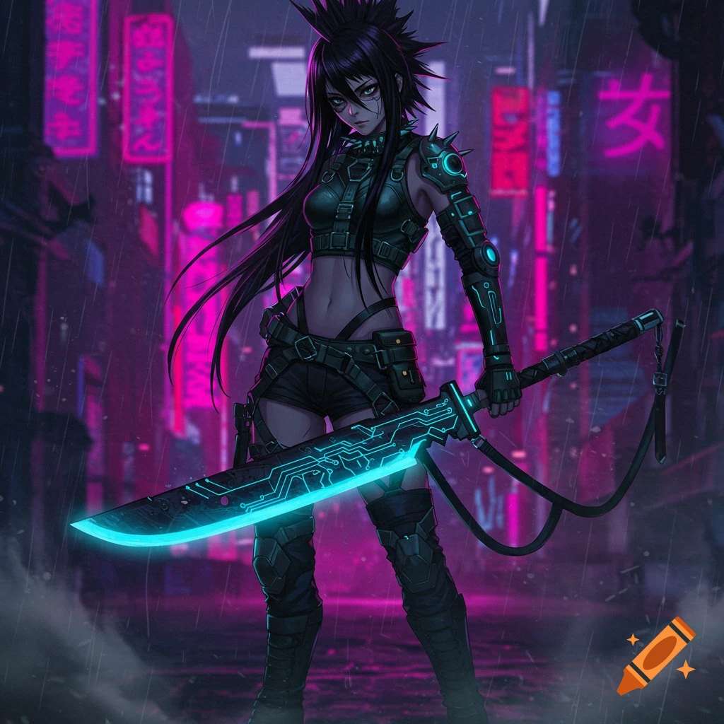 An emo cyberpunk anime girl with black spiky hair holds a glowing blue circuit board sword in a neon-lit rainy city.