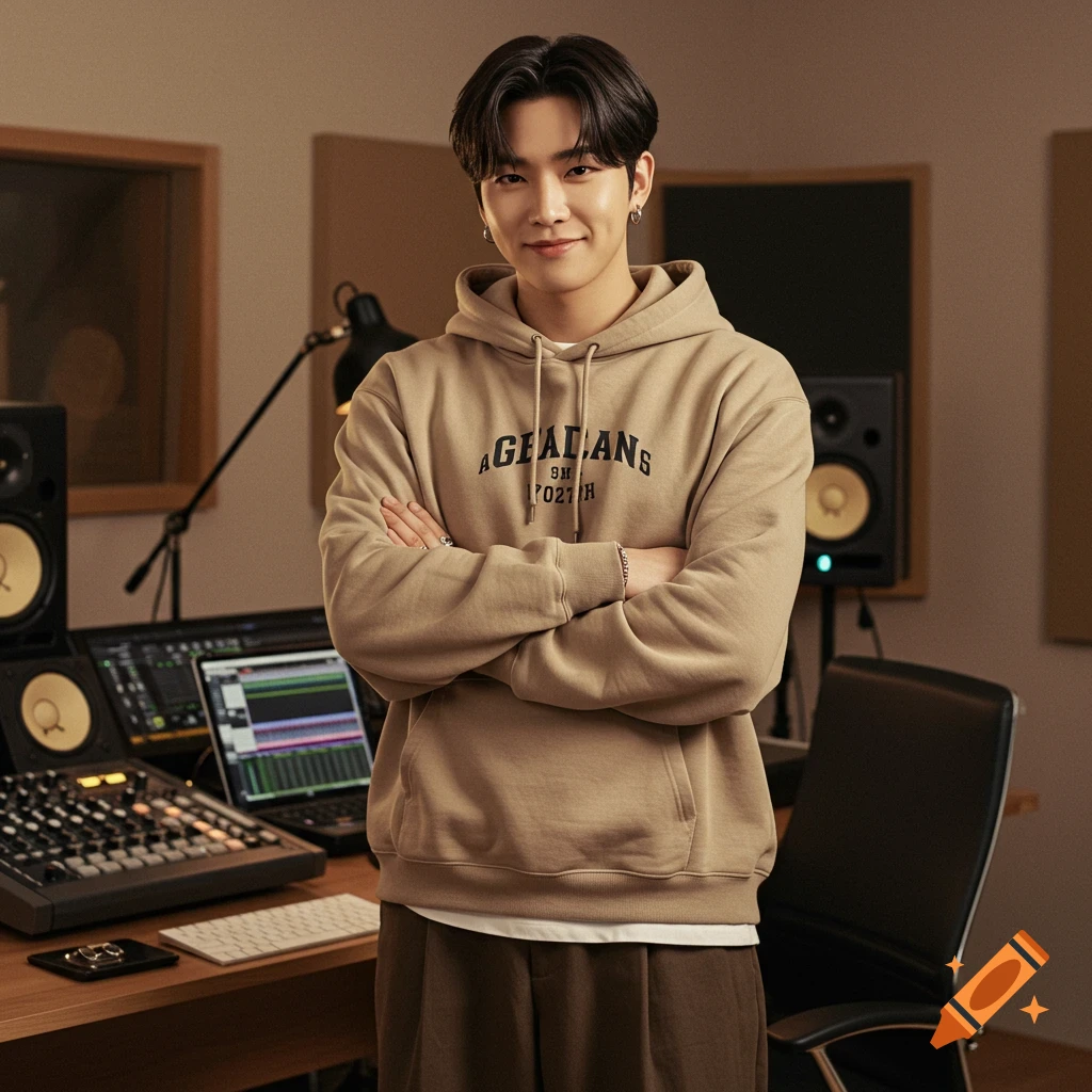 A young man in a beige hoodie and brown pants stands smiling with crossed arms in a music studio.