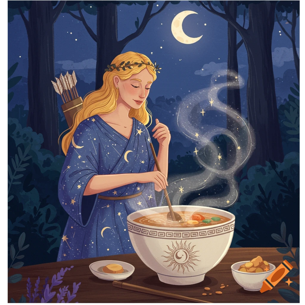 An illustration of a woman resembling Artemis stirring a large bowl of steaming soup under a crescent moon in a dark forest at night.