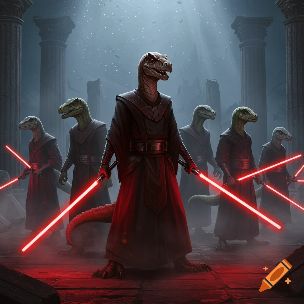 Humanoid dinosaurs in dark robes wielding red lightsabers stand amidst ancient ruins in a foggy, atmospheric scene.