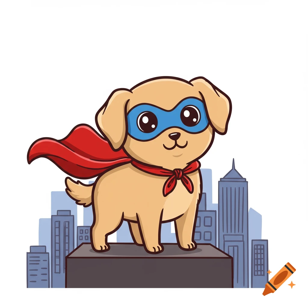 Cute cartoon golden retriever puppy in a red cape and blue mask standing heroically on a city rooftop.