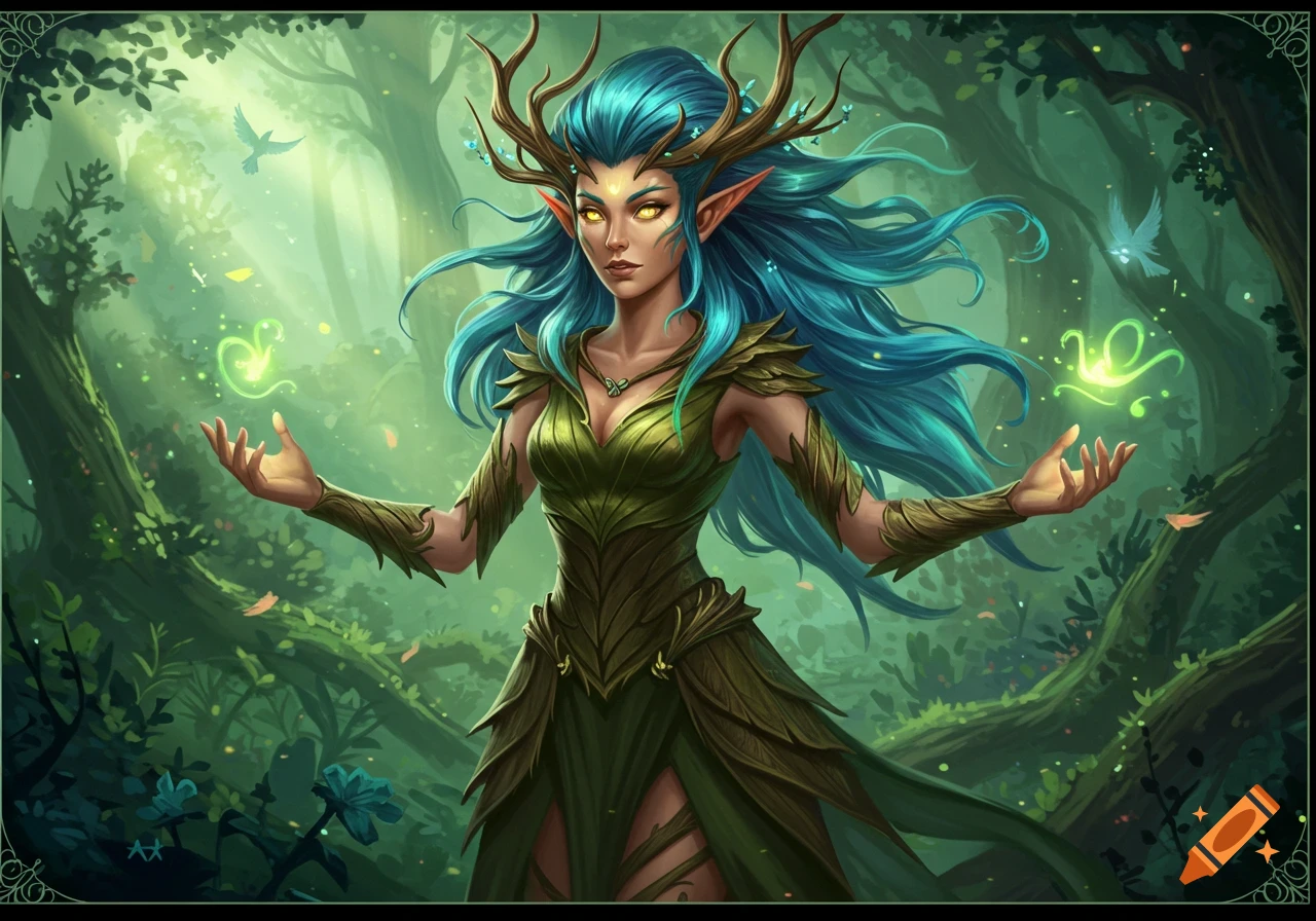 A female wood elf sorceress with blue hair, gold eyes, and antlers, wearing a green leaf dress, casting magic in an enchanted forest.