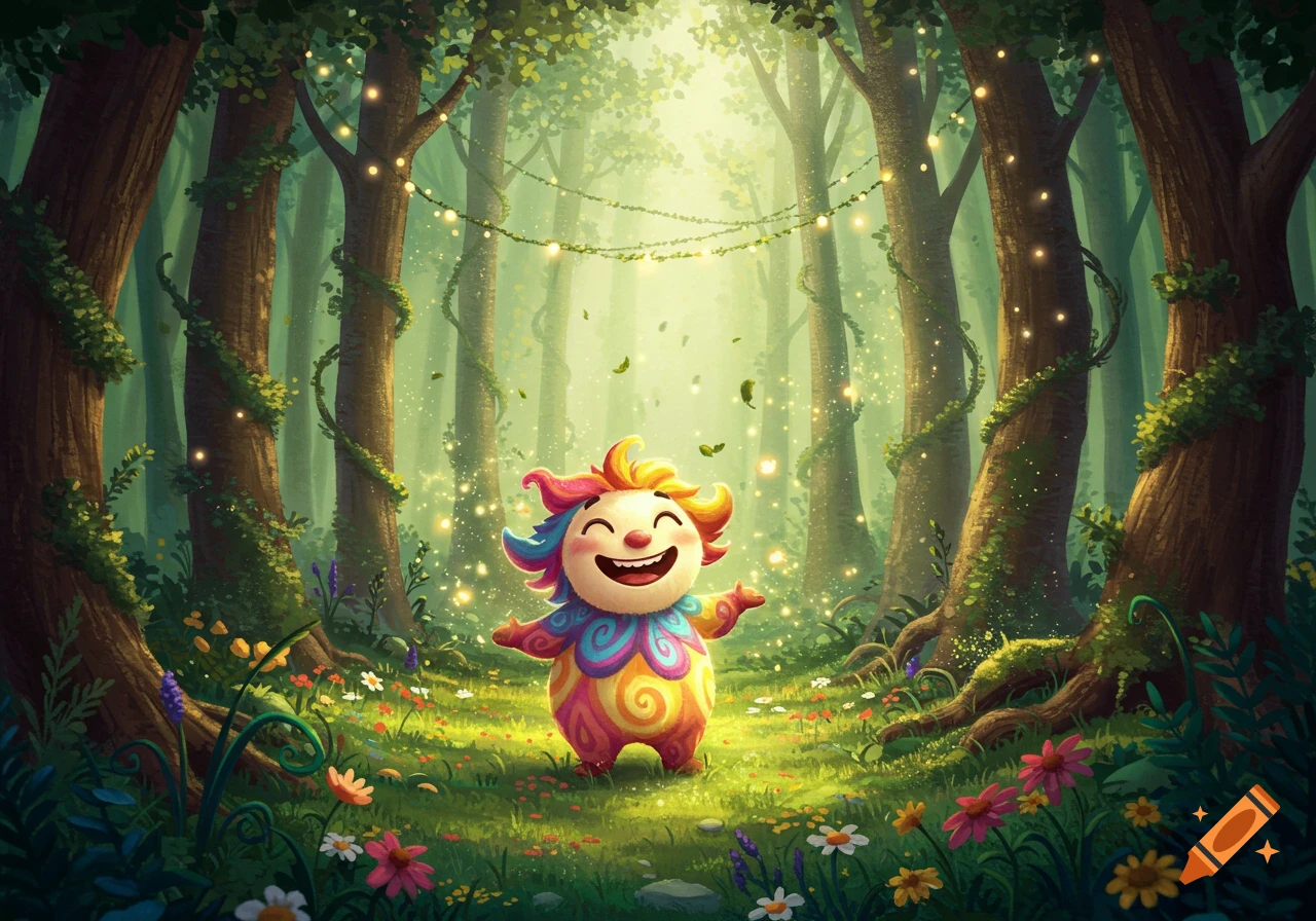 A vibrant, happy, clown-like creature with colorful hair stands smiling in a bright, magical forest filled with glowing fireflies and flowers.