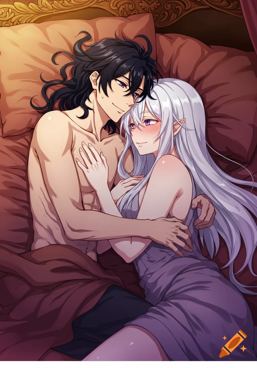 Anime style illustration of a shirtless man and an elf woman with white hair cuddling in a fancy bed.