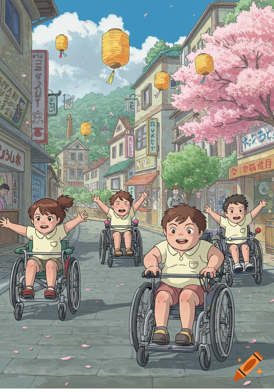 Four happy children with Down syndrome in wheelchairs race down a lively street lined with shops and cherry blossom trees, in Studio Ghibli art style.