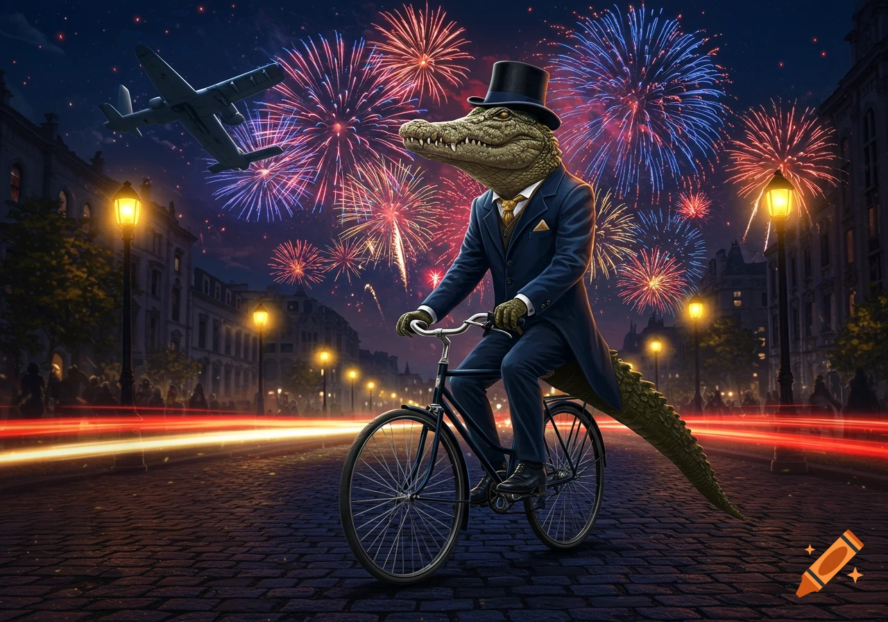 A dapper crocodile in a suit and top hat rides a bicycle on a cobblestone street at night, with fireworks exploding in the sky over city buildings. An airplane flies overhead.