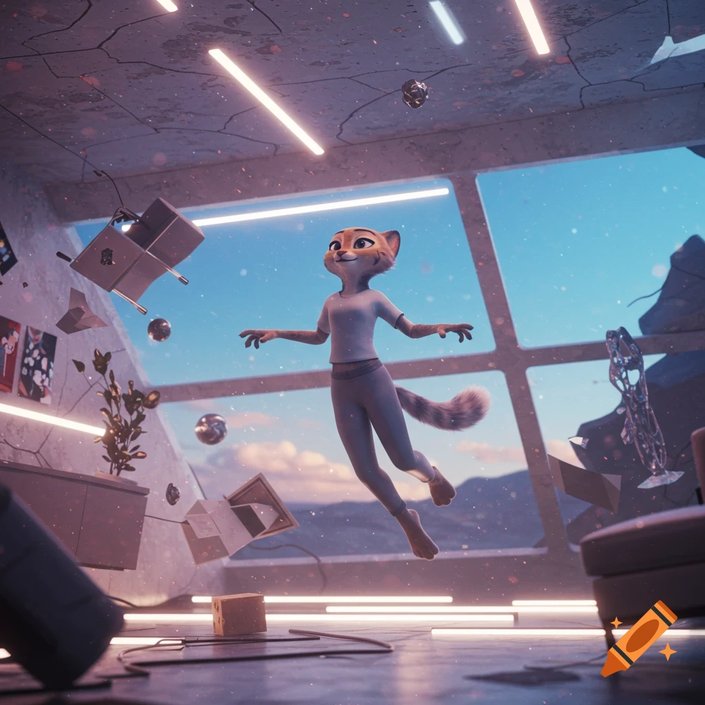 A Zootopia-style anthropomorphic feline female floats in a serene, low-gravity house with fractured walls, glowing lights, and floating furniture.