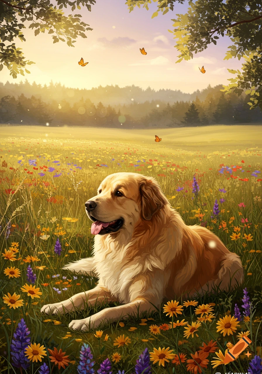 A golden retriever dog sits attentively in a sunny green field filled ...