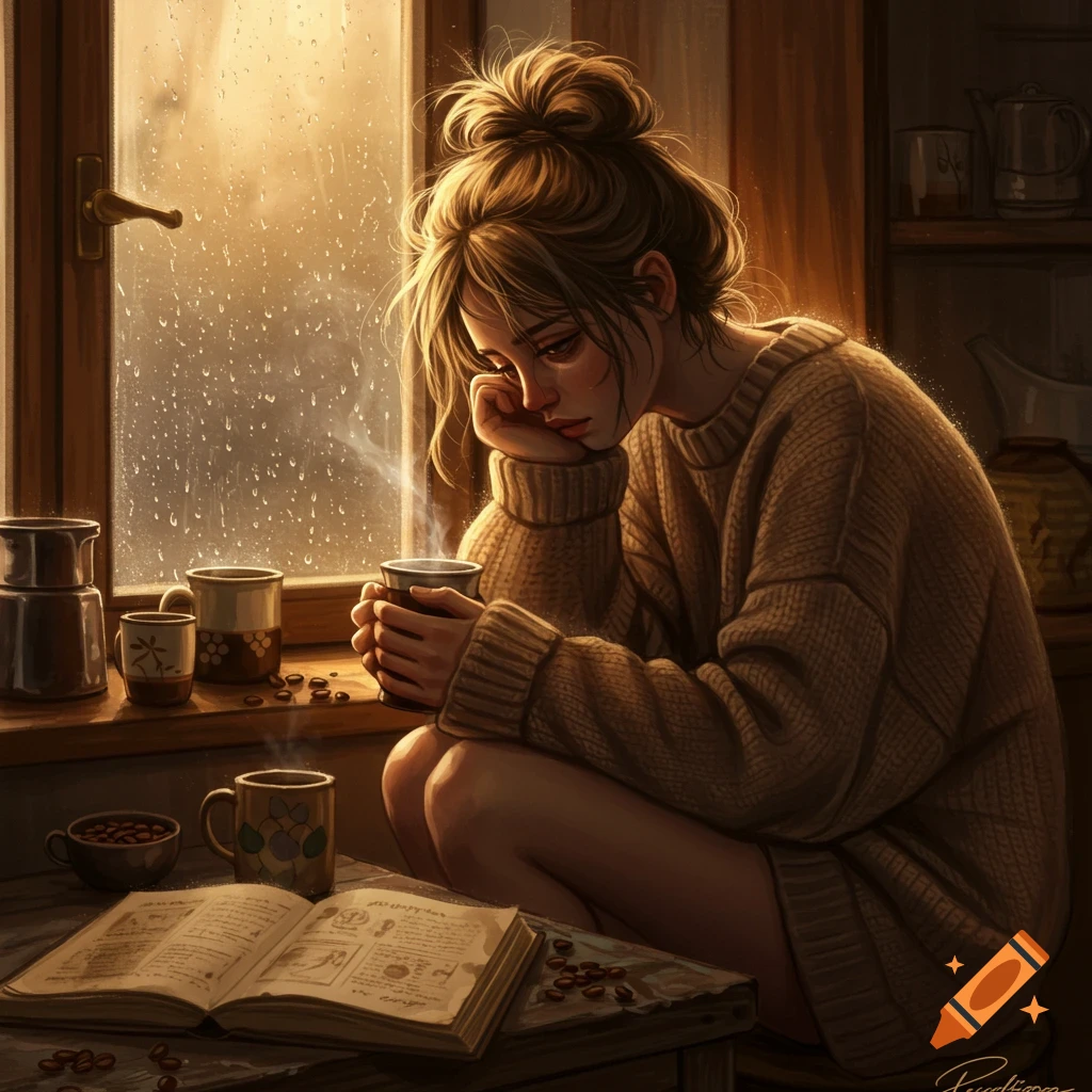 A woman in a sweater sits by a rainy window, holding a steaming mug with an open book on the table.
