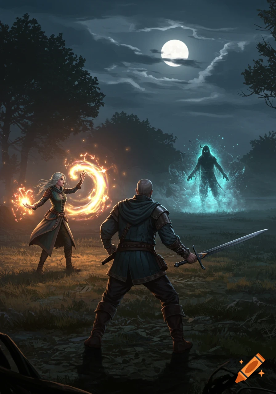 Two fantasy warriors, a female mage and a male swordsman, confront a glowing spectral creature in a moonlit forest.
