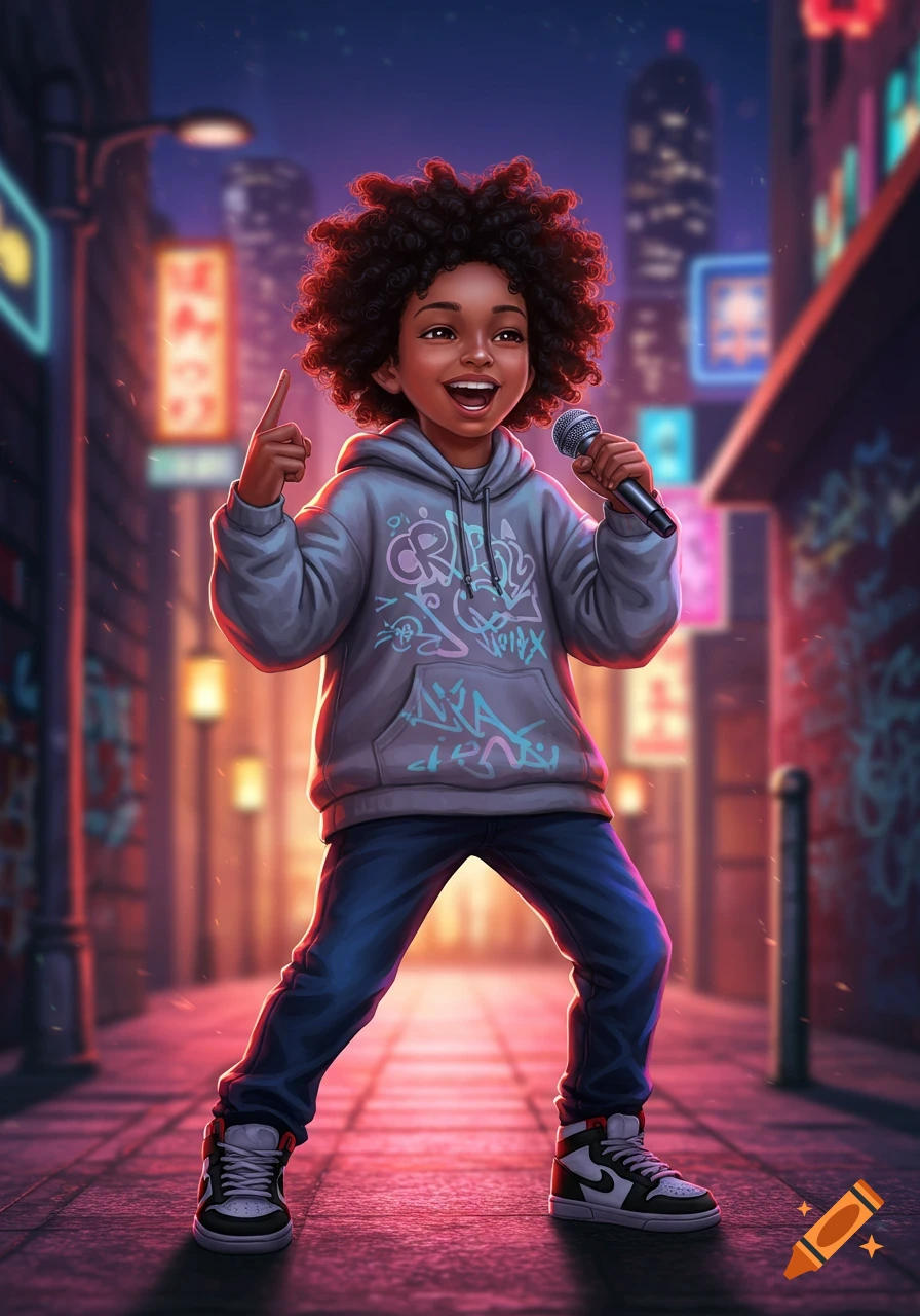 A young boy with curly hair holds a microphone and points, standing on a neon-lit city street at night. Stylized illustration.