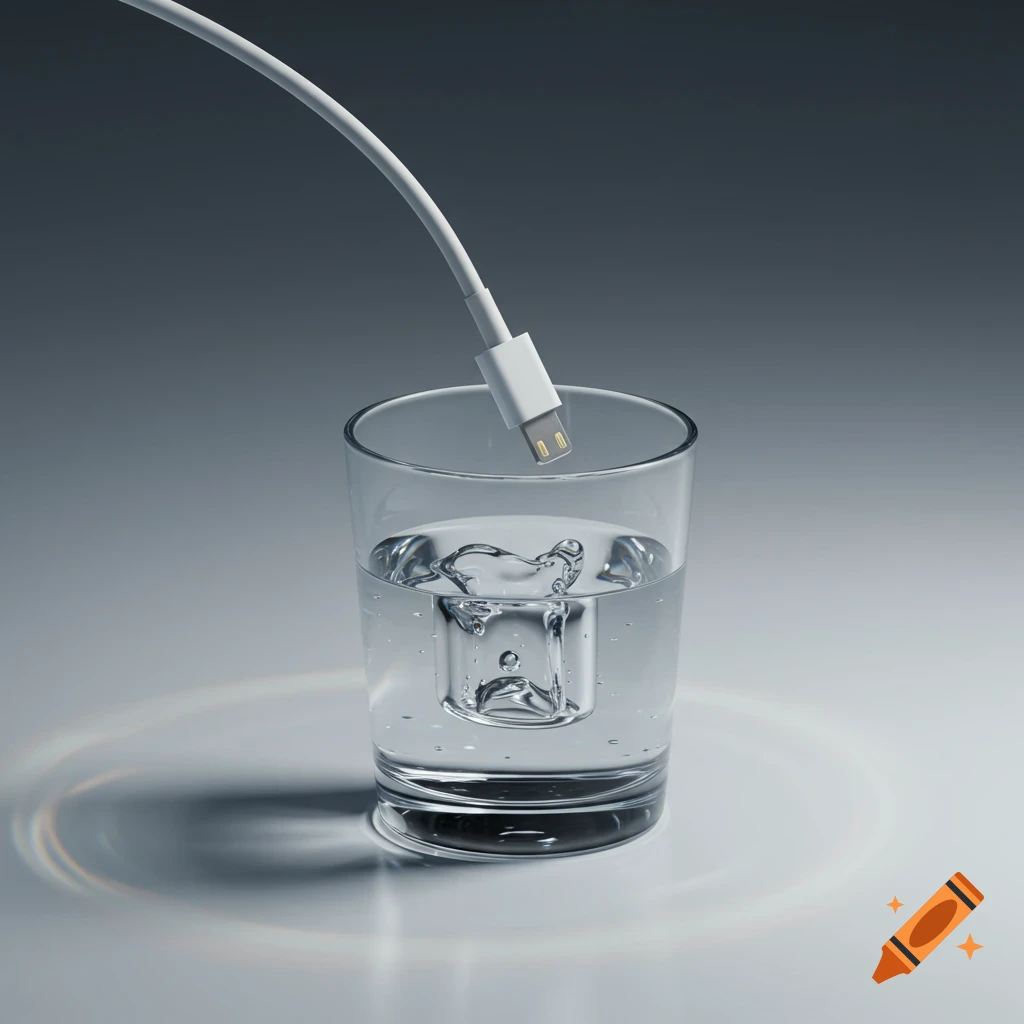 White charging cable connector lowered towards a clear glass of water with a distinct ripple, photorealistic.