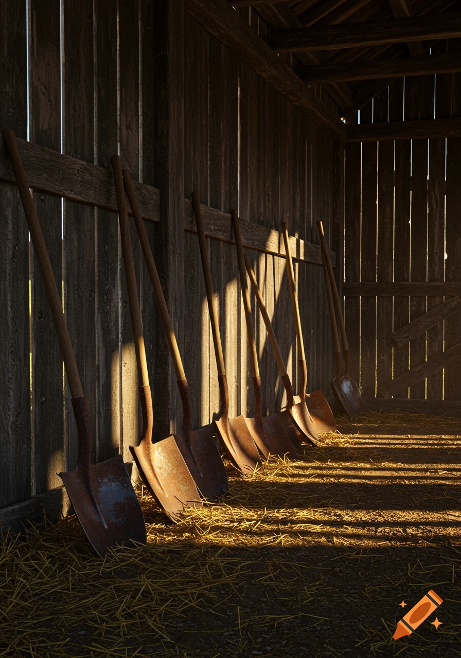 Several old shovels lean against a rustic wooden barn wall, bathed in golden sunlight, with hay scattered on the ground.
