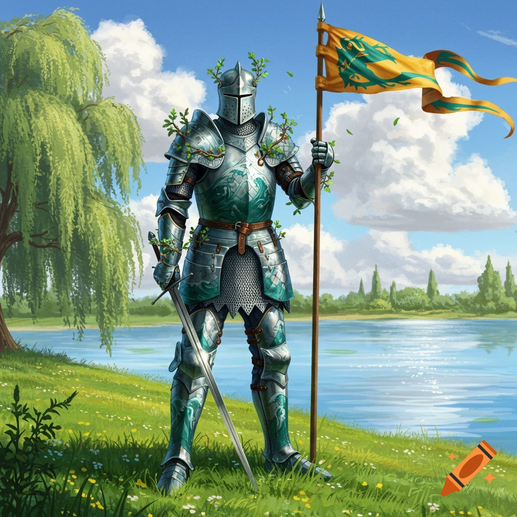A knight in ornate armor with green leaves stands by a lake, holding a sword and a banner with a dragon.