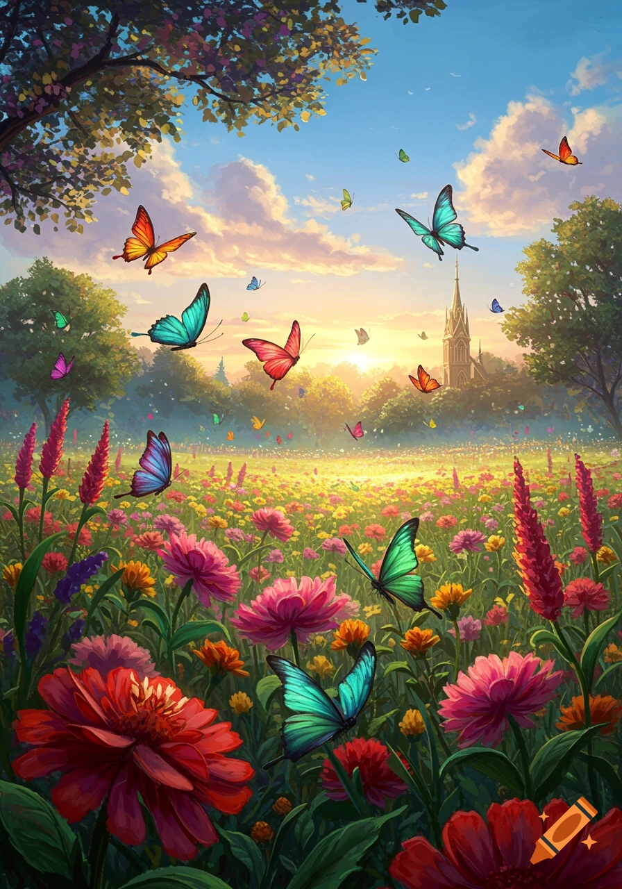 Vibrant fantasy meadow with colorful butterflies flying over blooming flowers, a church in the distance under a sunny sky.