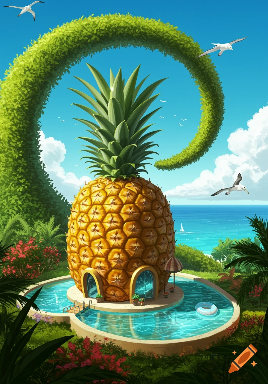 A whimsical pineapple house with a pool sits on a tropical island with a swirling green hedge and seabirds flying under a blue sky.