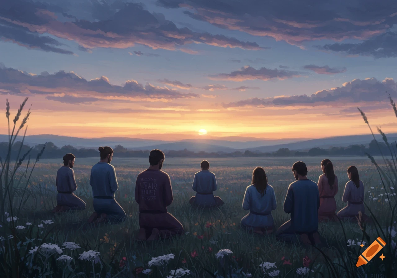 People kneel in a grassy field at sunset under a dramatic sky, silhouetted against the bright horizon.