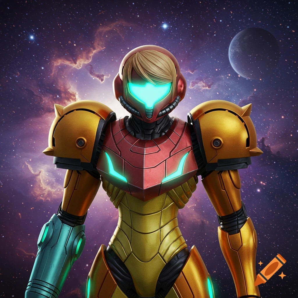 Samus Aran in her iconic power suit, standing against a vibrant purple and orange nebula with a moon in the background.