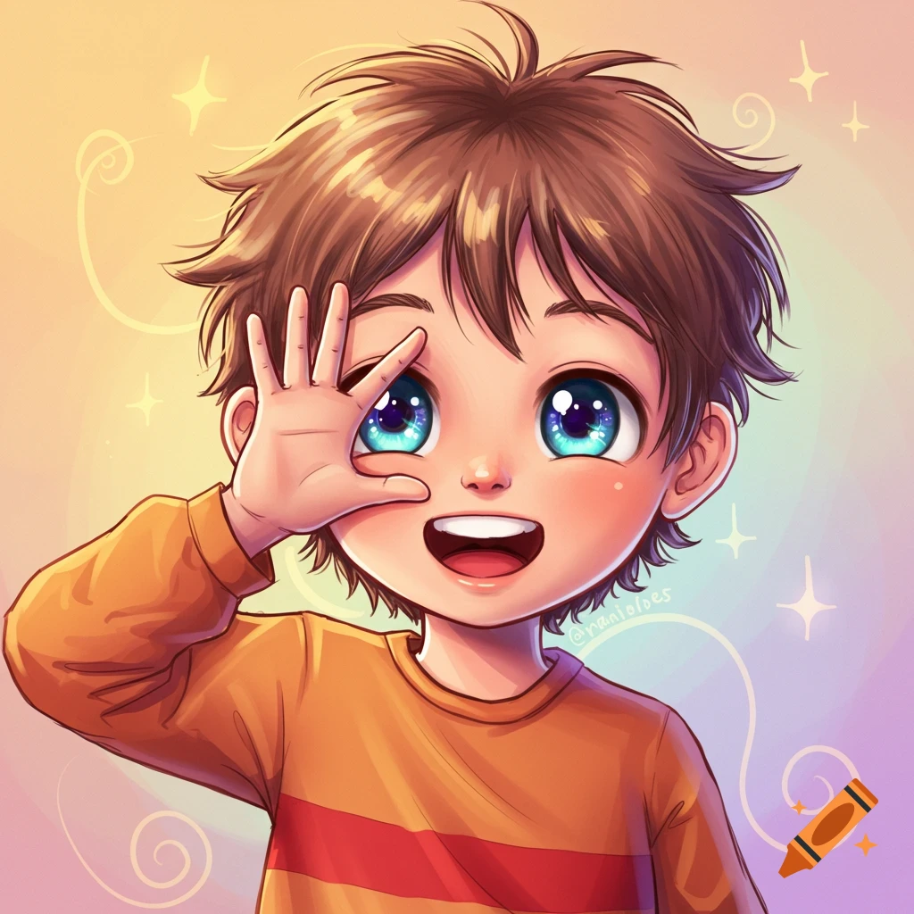 A smiling cartoon boy with brown hair and large blue eyes, holding a hand up to cover one eye.