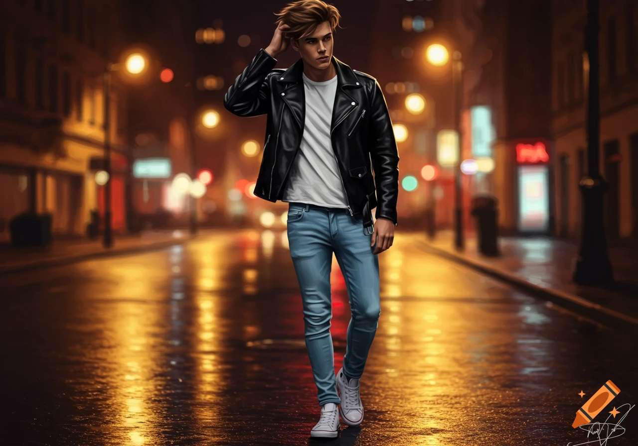 A young man in a leather jacket, white t-shirt, light blue jeans, and white sneakers stands on a wet city street at night.