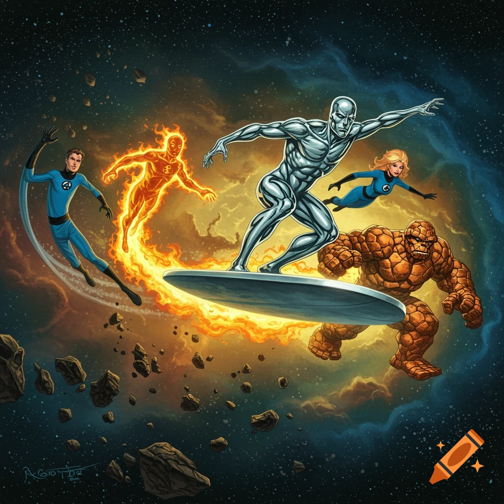 The Fantastic Four (Mr. Fantastic, Human Torch, Invisible Woman, The Thing) and Silver Surfer fly through a colorful cosmic cloud with asteroids in a vibrant comic art style.
