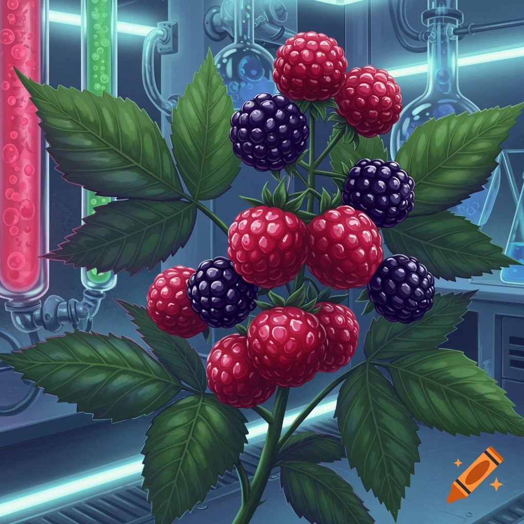 Stylized illustration of a plant with red raspberries and dark blackberries in a science lab with glowing equipment.