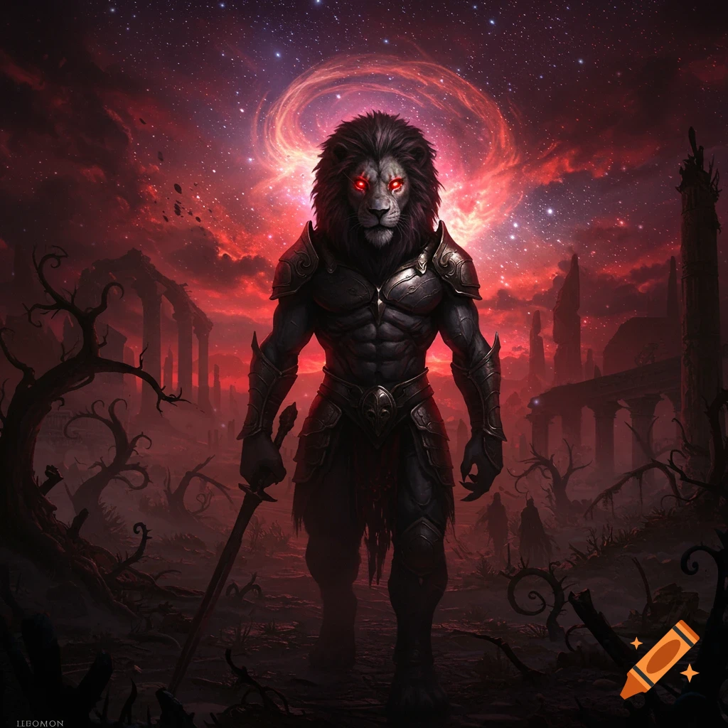 A muscular lion-headed warrior in dark armor with glowing red eyes stands in a ruined landscape under a red cosmic sky.