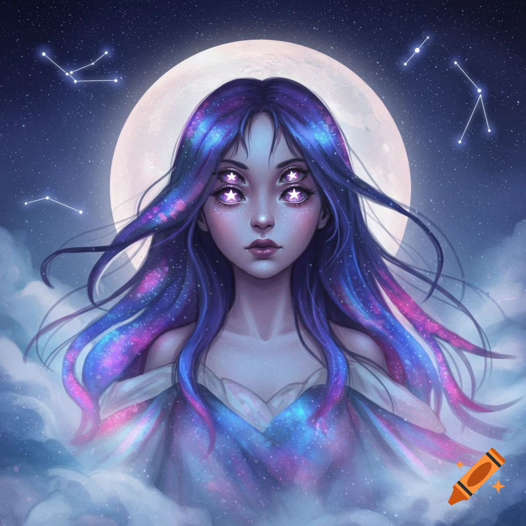 A fantasy portrait of a girl with four glowing star eyes and cosmic hair, against a starry night sky with a full moon and clouds.
