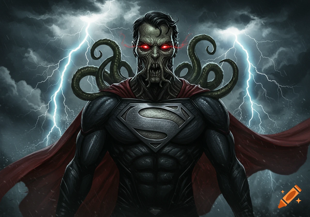 A monstrous, Cthulhu-like Superman with red eyes and tentacles, wearing a dark suit and red cape, stands under a stormy sky with lightning.