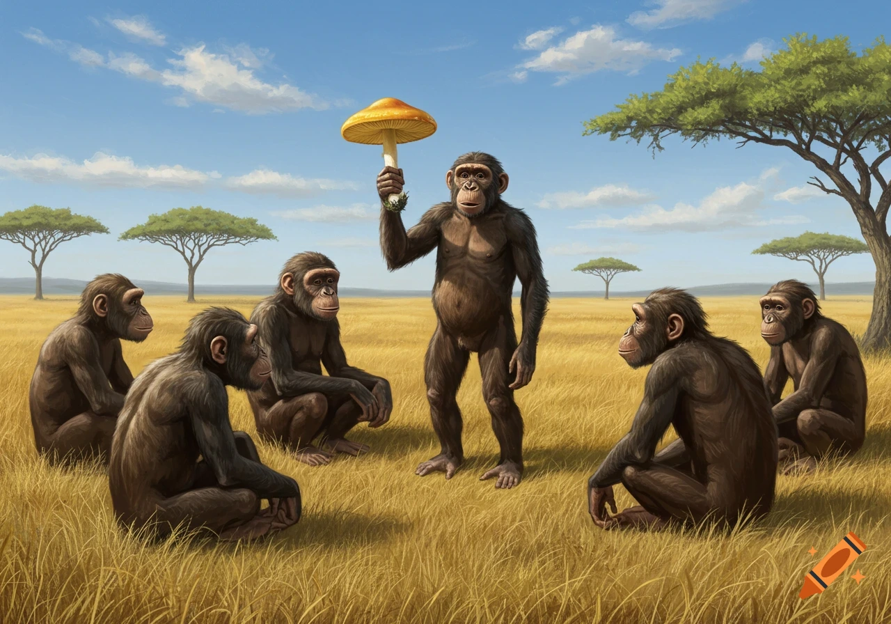 An illustration of several chimpanzees in a savanna, one standing and holding a large mushroom while others sit and listen.