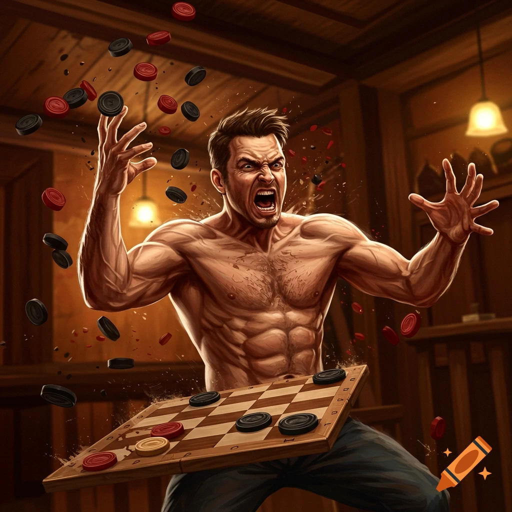 A highly muscled, shirtless man with an angry expression raises his hands in a dramatic pose, surrounded by flying red and black checker pieces, with a checkers board below him. The scene is lit with warm, dramatic light in what appears to be a rustic indoor setting.