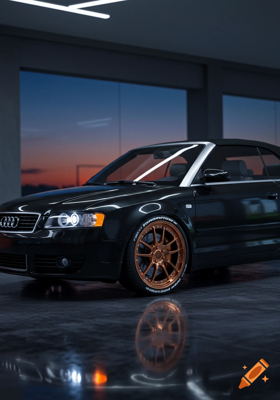 A black Audi A4 convertible with copper rims parked in a garage with large windows showing a sunset sky.